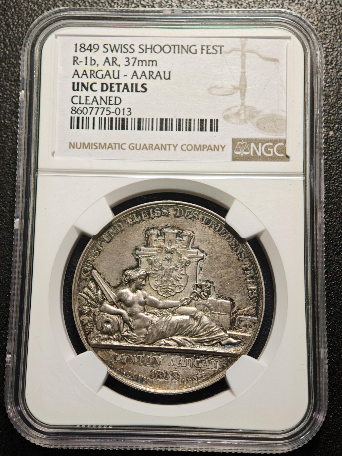 【德藏】世界币章拍卖第156期（拍品征集中~欢迎藏友联系） 1849年 瑞士阿尔高阿劳射击节纪念银章 NGC UNC 细节丰富且细腻 设计感极强
