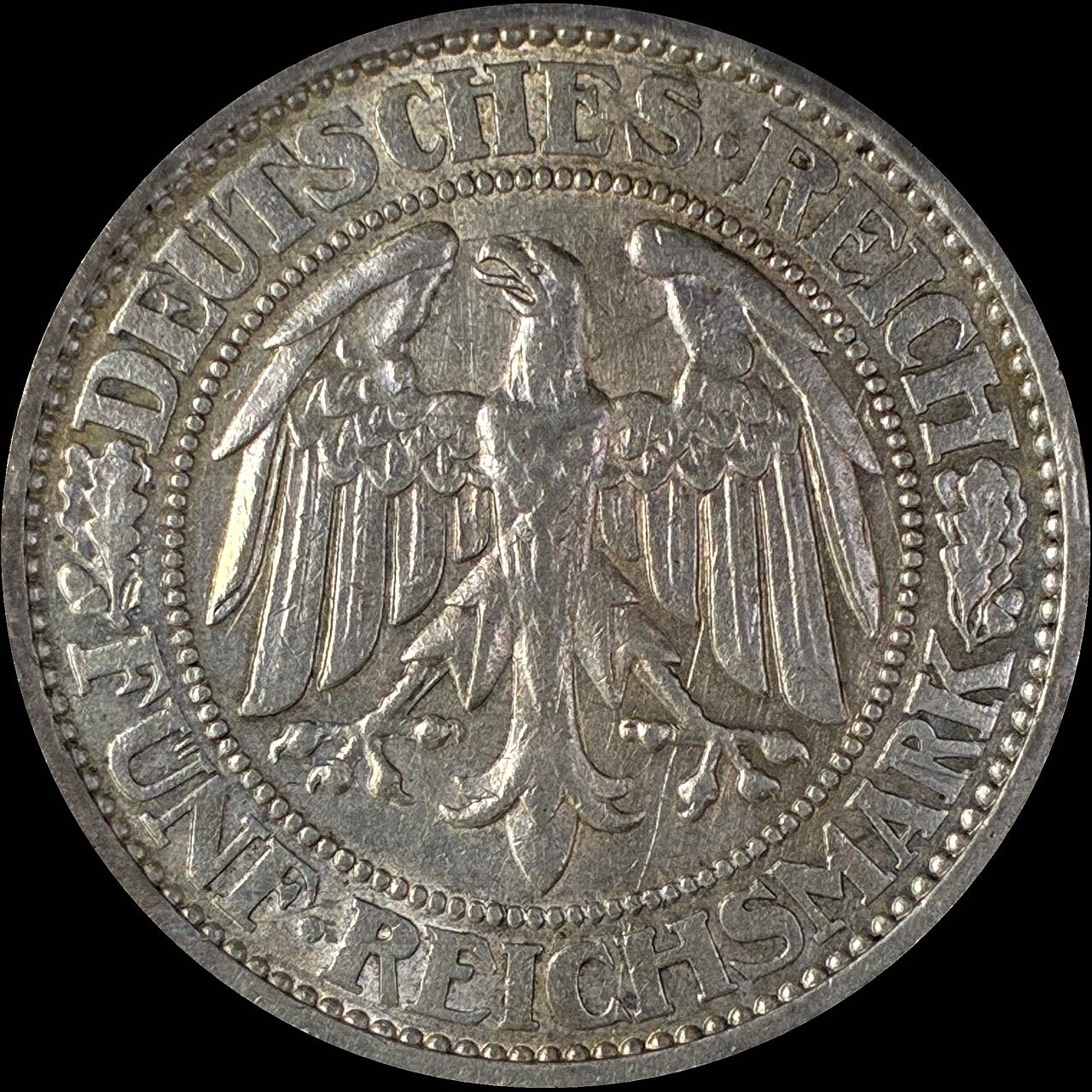 【雨安】【直播拍卖】【世界币章118期-裸币】2025-12-05 周五 19:30 保真 [裸币德国] Germany 德国 魏玛 5马克 KM#56 橡树 1927年