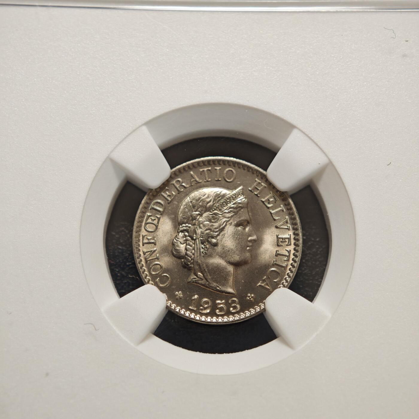 【德藏】世界币章拍卖第156期（拍品征集中~欢迎藏友联系） 冠军分！1953年 瑞士5生丁海尔维蒂女神镍币 NGC MS67 原光极强