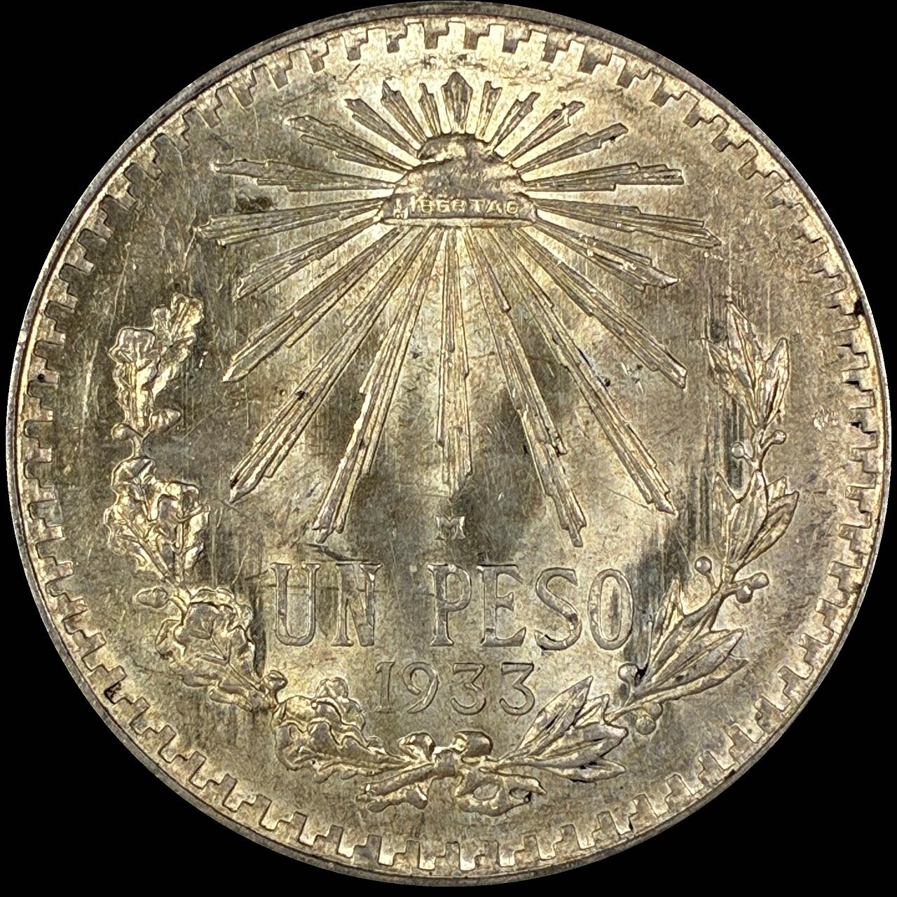 【雨安】【直播拍卖】【世界币章118期-裸币】2025-12-05 周五 19:30 保真 [裸币各国] Mexico 墨西哥 1比索 1933年 KM# 455 [16.66 g., 0.720 Silver]