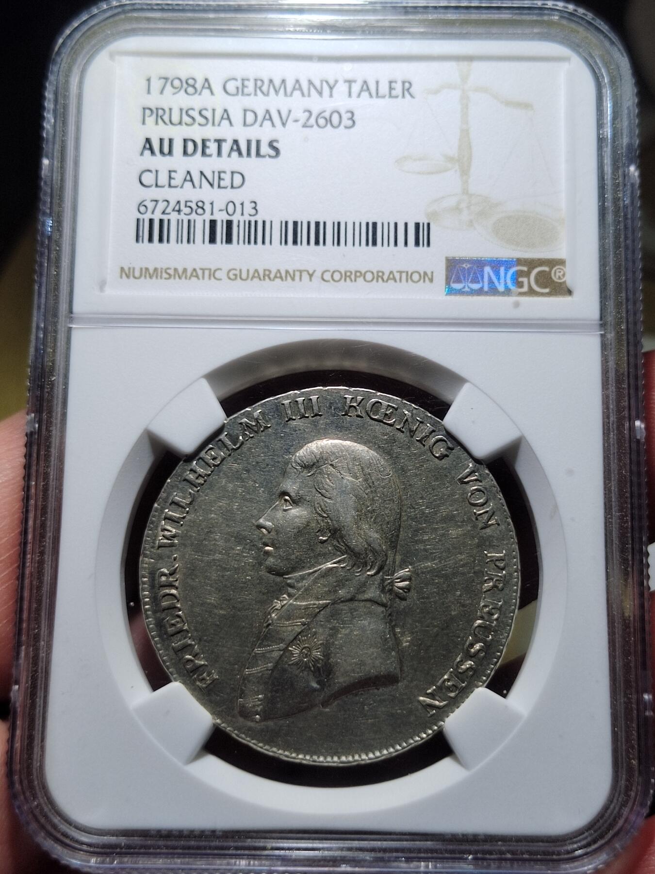 中外钱币第六场 NGC-AU1798年德国普鲁士威廉三世野人护盾流通1泰勒