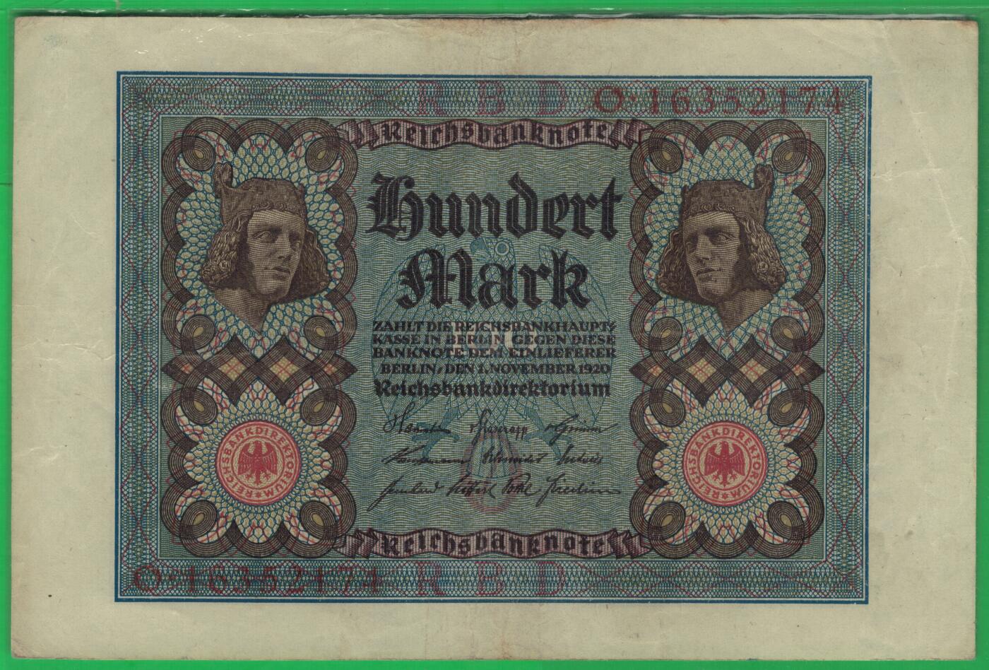 德国1920年100马克 P-69b 8位号码 加盖字母O 实物图 八五品