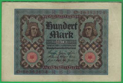德国1920年100马克 P-69b 8位号码 加盖字母O 实物图 八五品 - 德国1920年100马克 P-69b 8位号码 加盖字母O 实物图 八五品