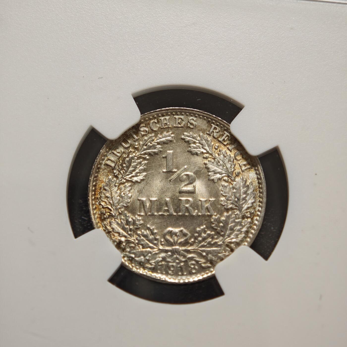 【德藏】世界币章拍卖第156期（拍品征集中~欢迎藏友联系） 1918年 德国1/2马克银币 NGC MS66 淡包浆 转光十足 原光极强