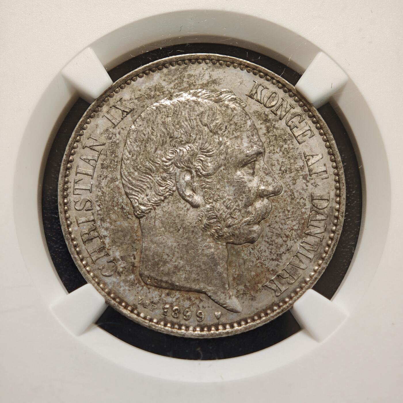 【德藏】世界币章拍卖第156期（拍品征集中~欢迎藏友联系） 1899年 丹麦克里斯蒂安九世2克朗银币 NGC MS61 原味包浆 原光犹存