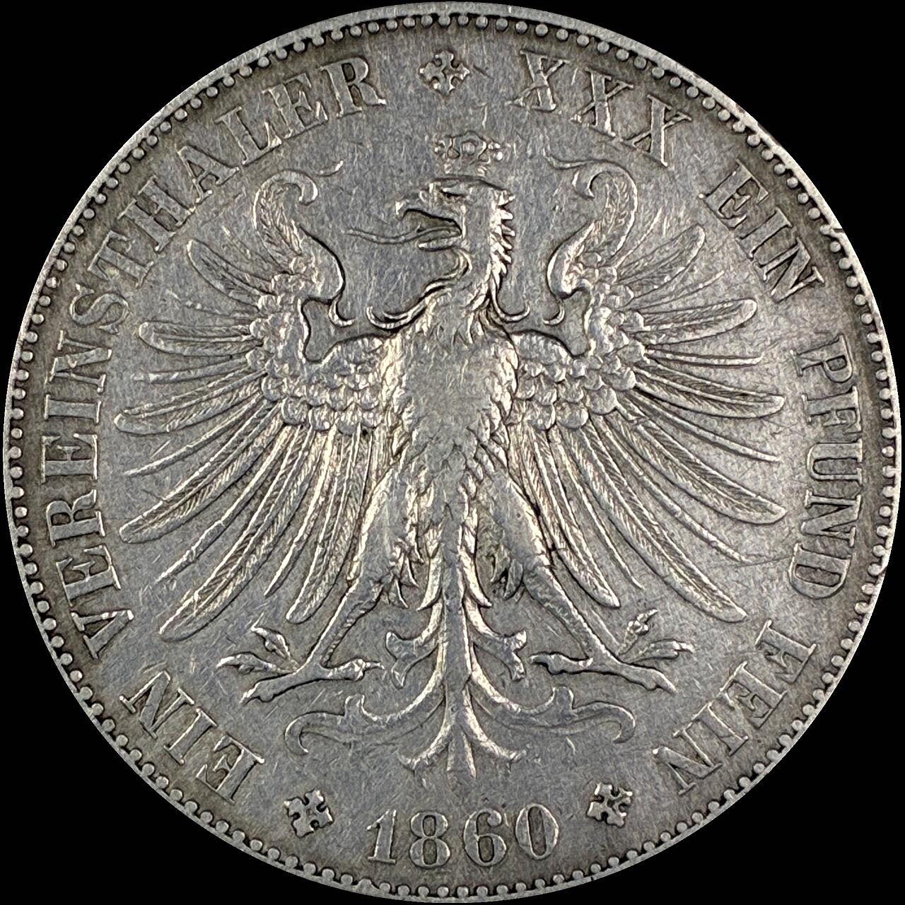 【雨安】【直播拍卖】【世界币章118期-裸币】2025-12-05 周五 19:30 保真 [裸币德国] Germany 德国 德意志 1泰勒 Frankfurt法兰克福 Thun.142 KM#0360 (1859-1860) 法兰克福少女 1860年