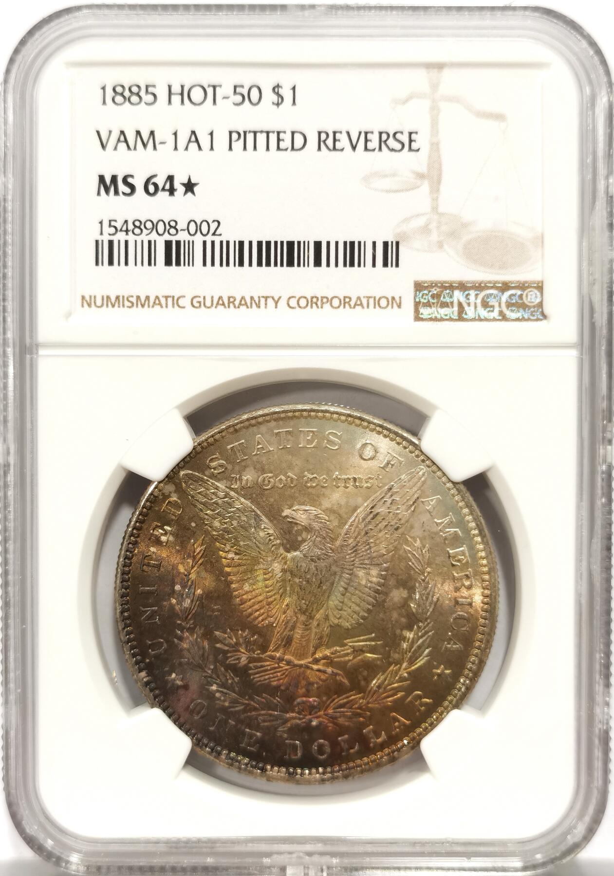 博洋堂世界钱币拍卖第150期（全场包邮） NGC MS64★ 美国1885年摩根大银币，VAM-1A1 Pitted Reverse Hot-50，少见版别，鹰面极致五彩，获得罕见加★
