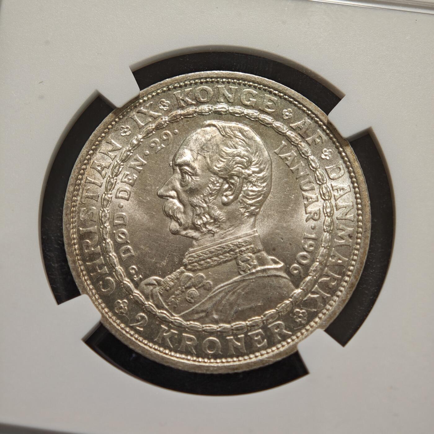 【德藏】世界币章拍卖第156期（拍品征集中~欢迎藏友联系） 1906年 丹麦弗雷德里克八世继位2克朗纪念银币 NGC MS65 转光极强 原光十足