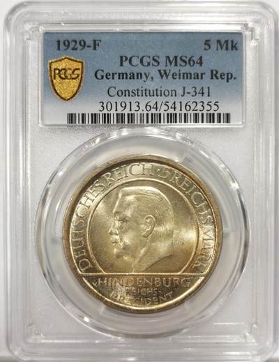 博洋堂世界钱币拍卖第150期（全场包邮） - PCGS MS64 德国魏玛共和国1929年F版宪法颁布10周年5马克银币