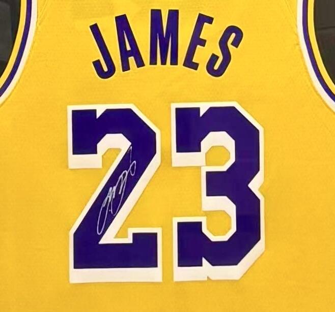 零元拍：詹姆斯亲笔签名湖人总冠军主场球衣，已做精美装裱，亚克力有轻微划痕，外框尺寸：647X847MM。因展品出展，镜框可能有轻微划痕，介意勿拍