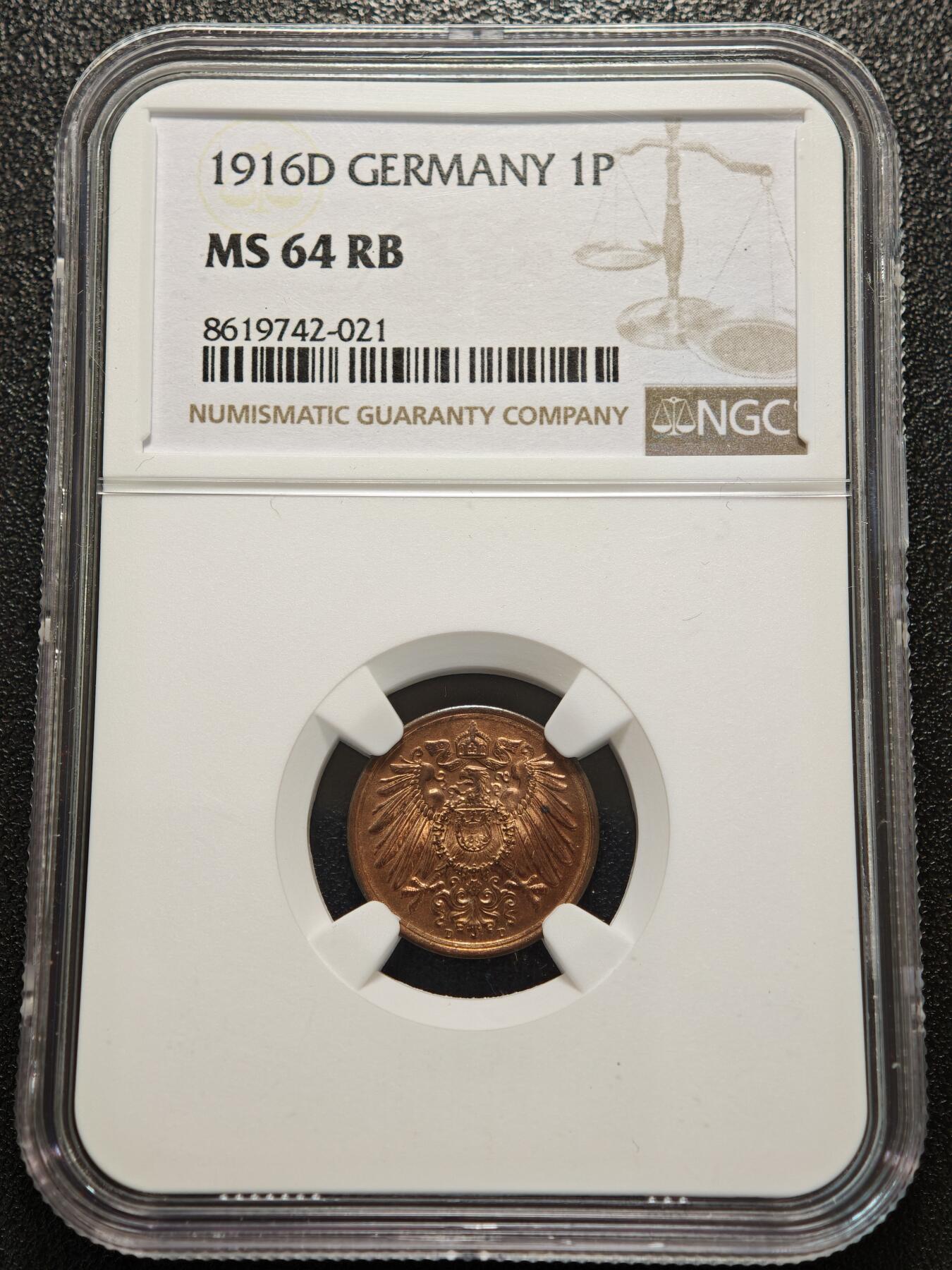 【德藏】世界币章拍卖第156期（拍品征集中~欢迎藏友联系） 1916年 德国1芬尼铜币 NGC MS64RB 季军分 转光极强