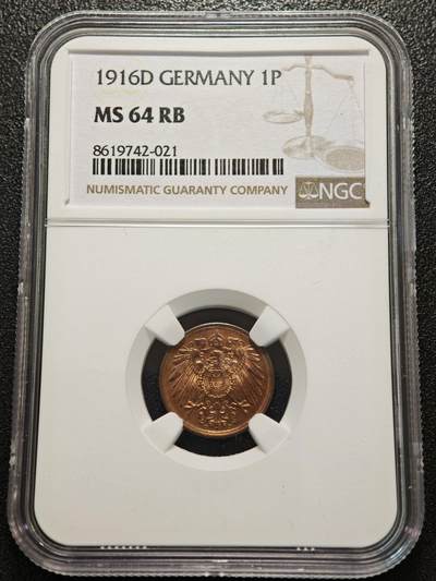 【德藏】世界币章拍卖第156期（拍品征集中~欢迎藏友联系） - 1916年 德国1芬尼铜币 NGC MS64RB 季军分 转光极强