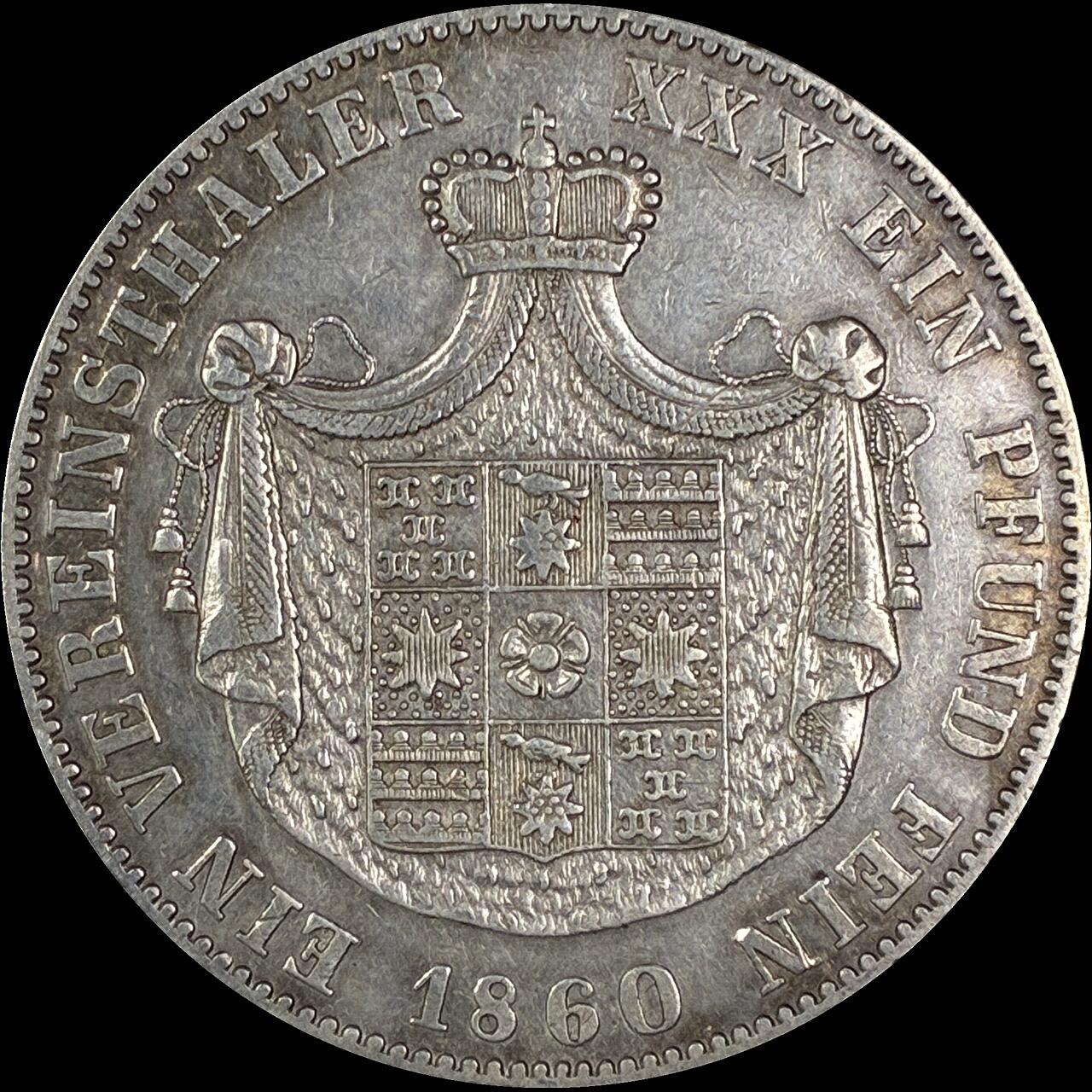 【雨安】【直播拍卖】【世界币章118期-裸币】2025-12-05 周五 19:30 保真 [裸币德国] Germany 德国 德意志 1泰勒 Lippe-Detmold利珀 Thun.213 KM#0267 (1860-1866) 1860年