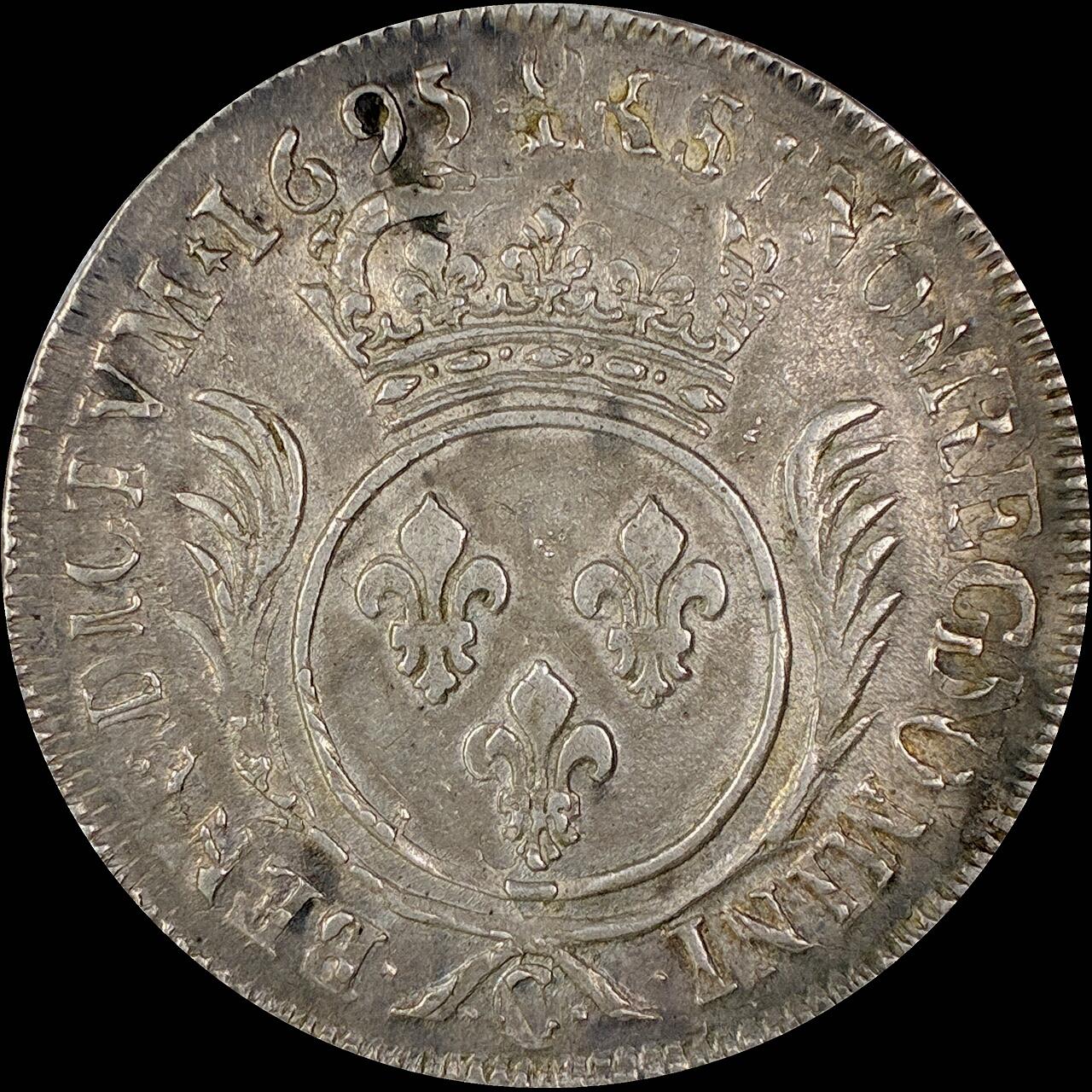 【雨安】【直播拍卖】【世界币章118期-裸币】2025-12-05 周五 19:30 保真 [裸币法国] France 法国 1埃居 KM#0298 (1693-1701) 路易十四 皇冠圆形纹章棕榈枝 1695年 带欧洲老藏家标签