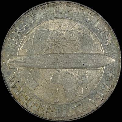 【雨安】【直播拍卖】【世界币章118期-裸币】2025-12-05 周五 19:30 保真 - [裸币德国] Germany 德国 魏玛 5马克 KM#68 飞艇 1929年