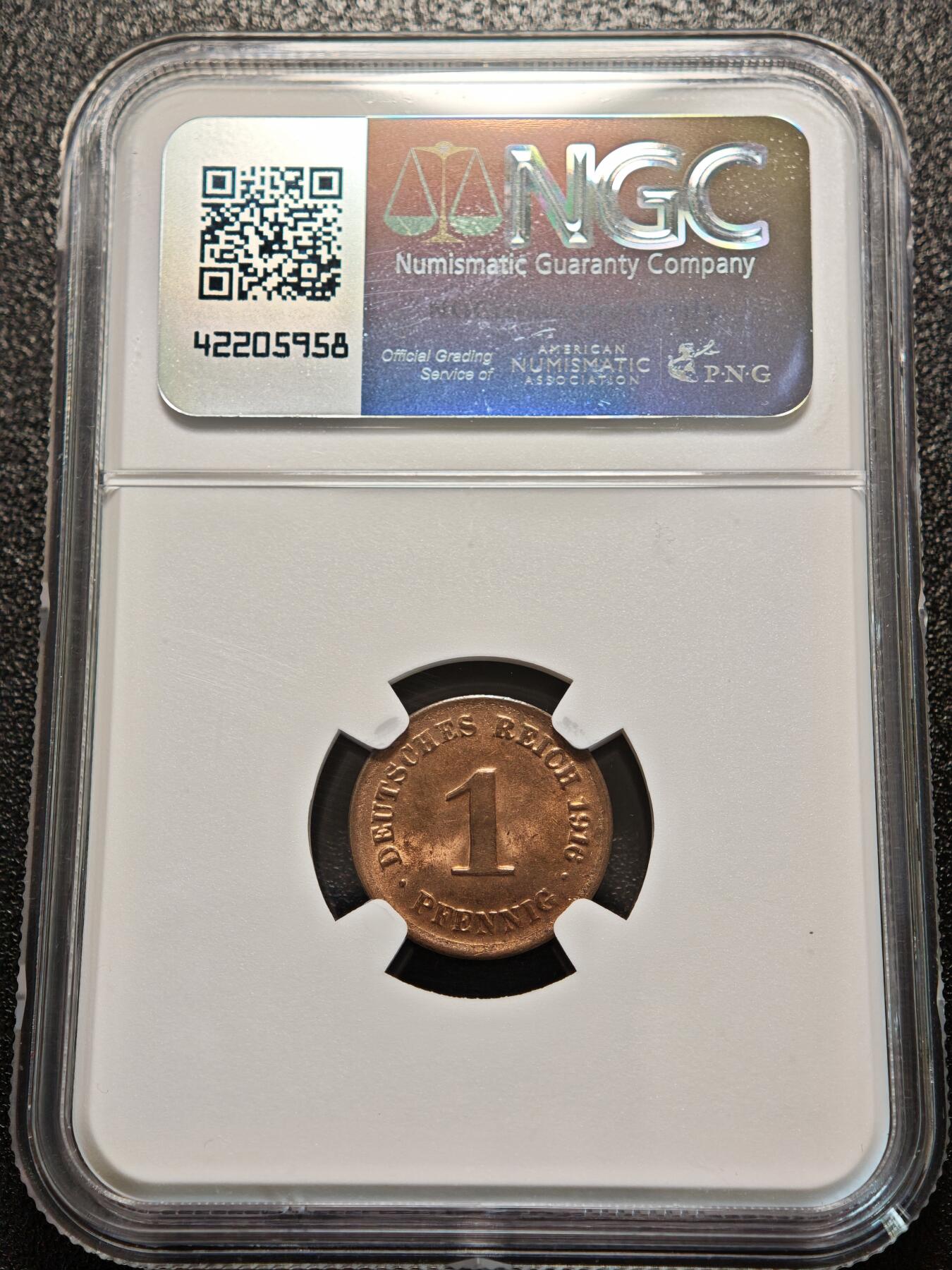 【德藏】世界币章拍卖第156期（拍品征集中~欢迎藏友联系） 1916年 德国1芬尼铜币 NGC MS64RB 季军分 转光极强