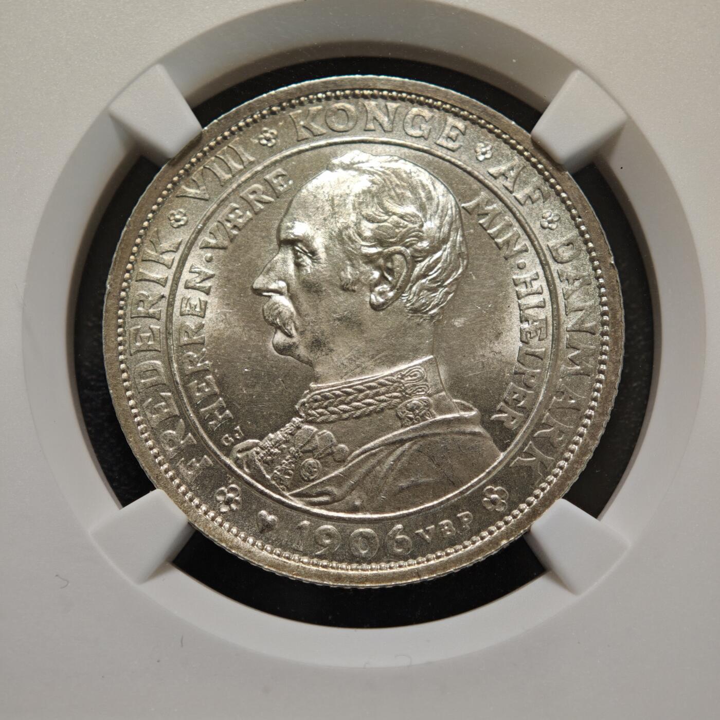 【德藏】世界币章拍卖第156期（拍品征集中~欢迎藏友联系） 1906年 丹麦弗雷德里克八世继位2克朗纪念银币 NGC MS65 转光极强 原光十足