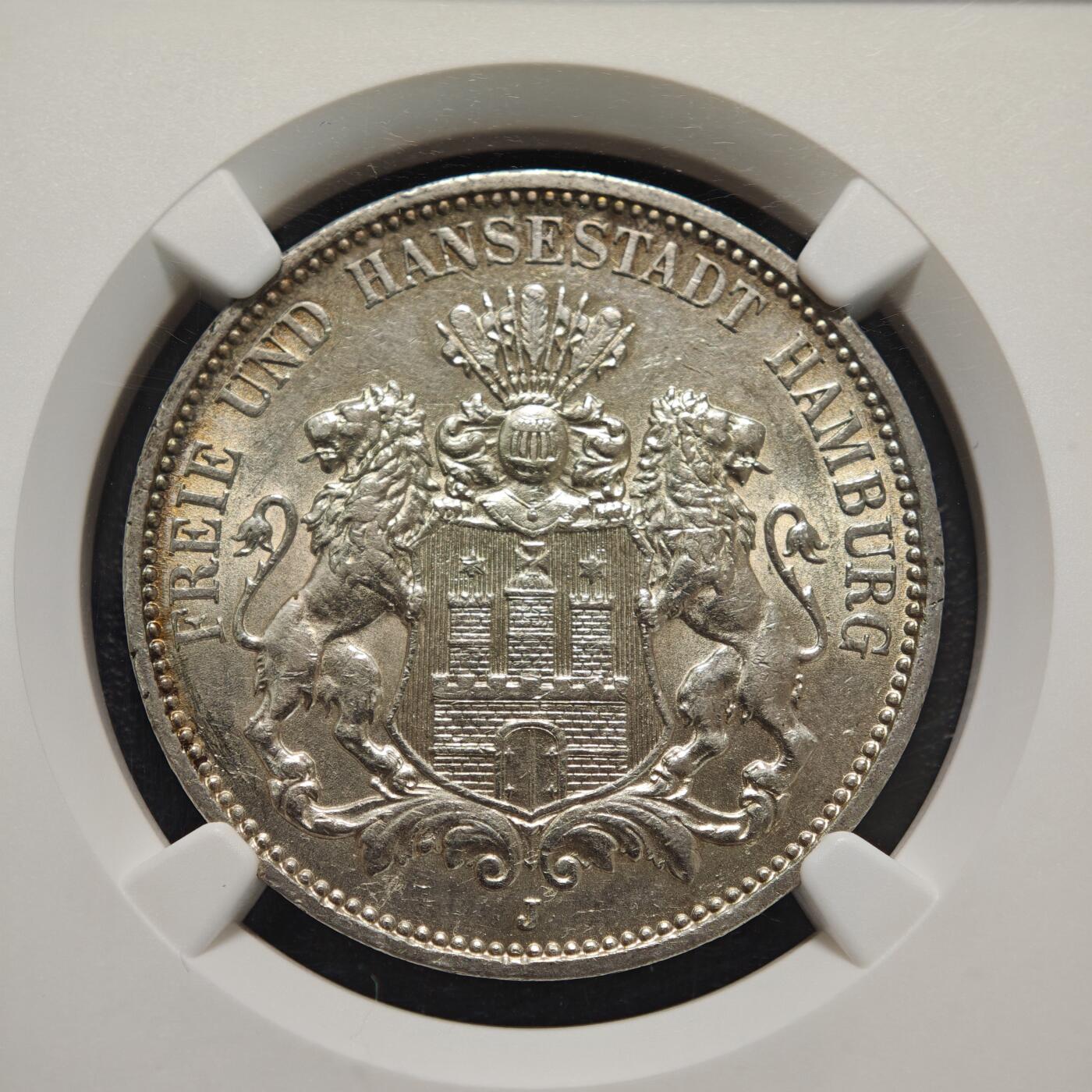 【德藏】世界币章拍卖第156期（拍品征集中~欢迎藏友联系） 1911年 德国汉堡3马克银币 NGC AU 状态安逸
