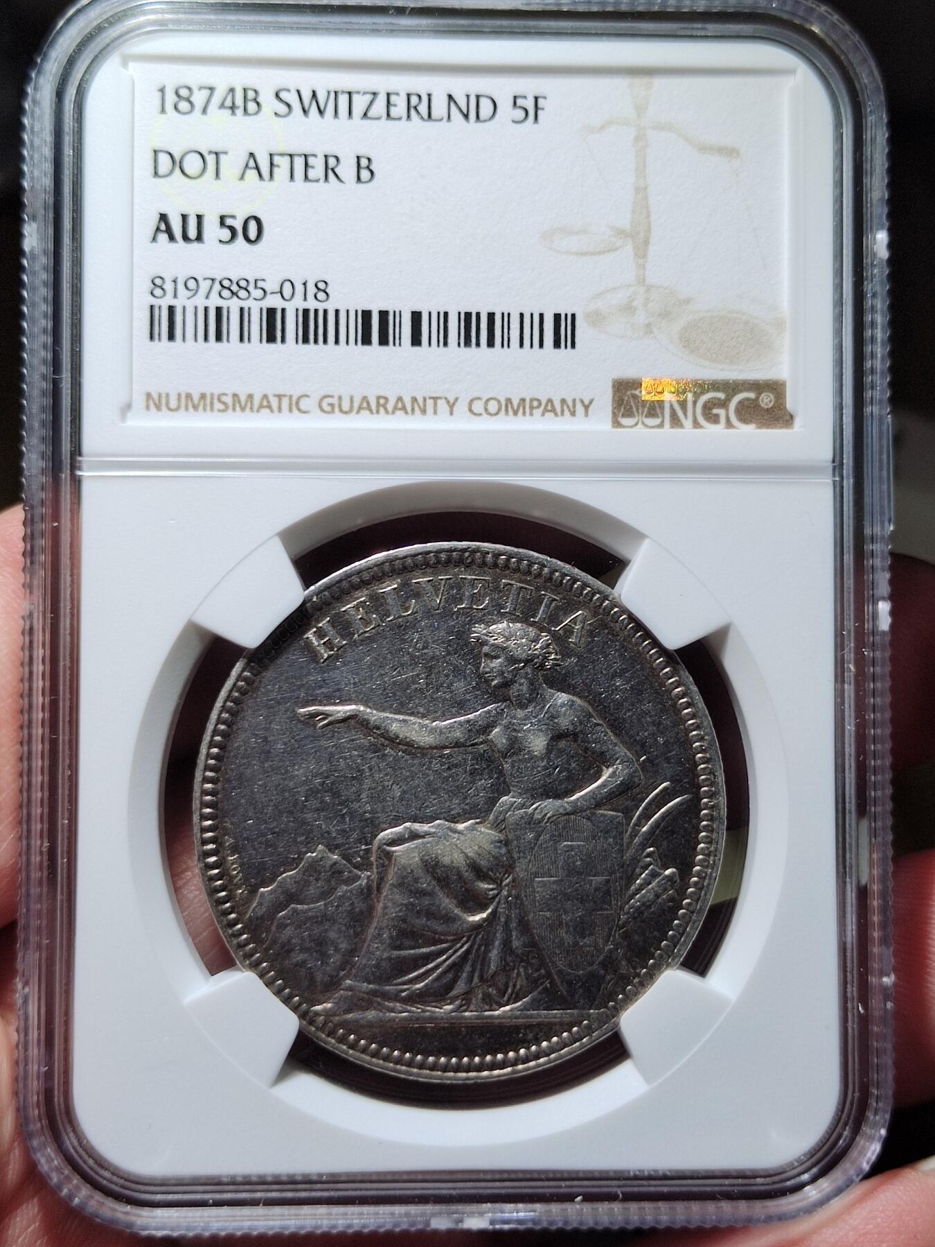 中外钱币第六场 NGC-AU50瑞士1874年5法郎B.版