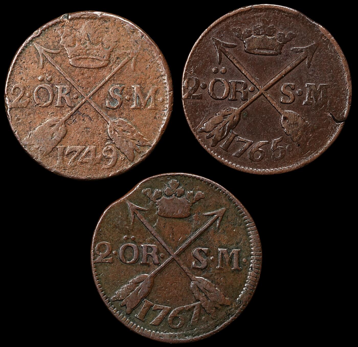 修遠堂世界钱币第九十六期 18世纪瑞典2欧尔铜币3枚 厚重
