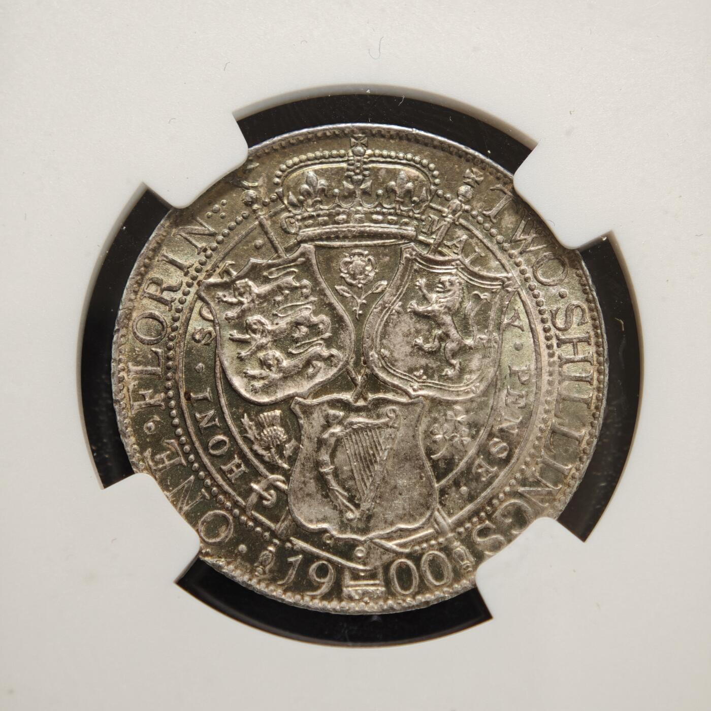 【德藏】世界币章拍卖第156期（拍品征集中~欢迎藏友联系） 1900年 英国维多利亚女王1弗洛林银币 NGC MS62 环彩淡包浆 原光十足 状态极佳