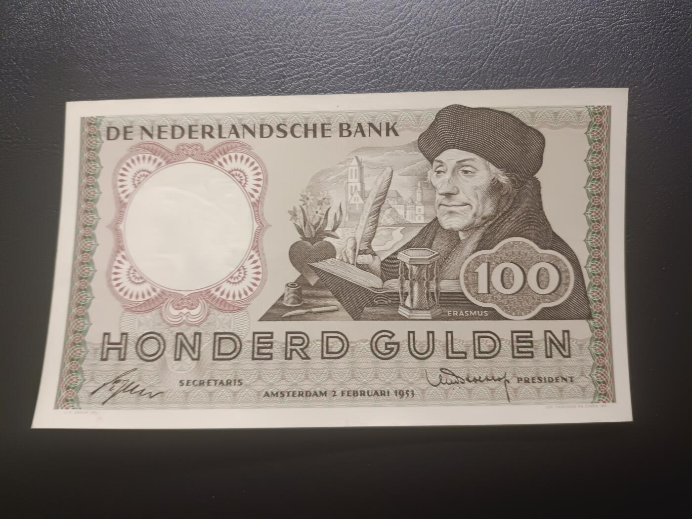 2025十二月第一期，总206期 荷兰1953版100盾AUNC，哲学家伊拉斯谟