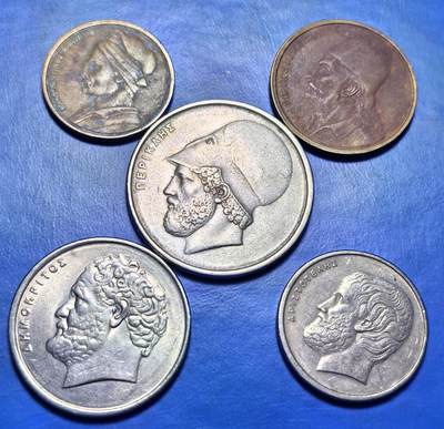 外国优质老铜币银币，周六九点倒数截拍，满百包邮，可寄存半年，喜欢朋友微信扫描二维码可直接参拍 - 希腊1976年-1984年历史名人不同面值一套
