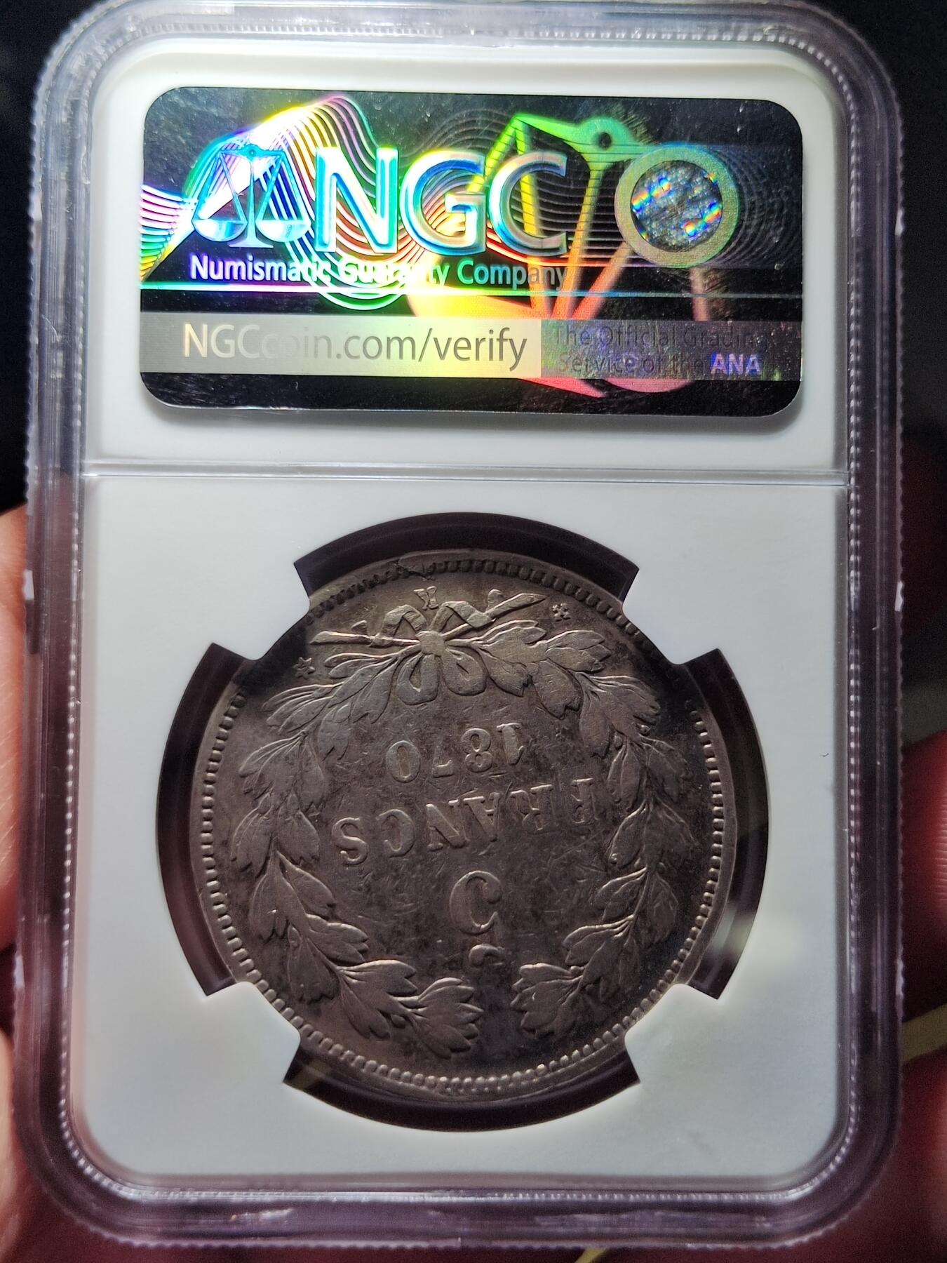 中外钱币第六场 NGC-VF法国谷物女神1870年5法郎A.E.错版名誉品