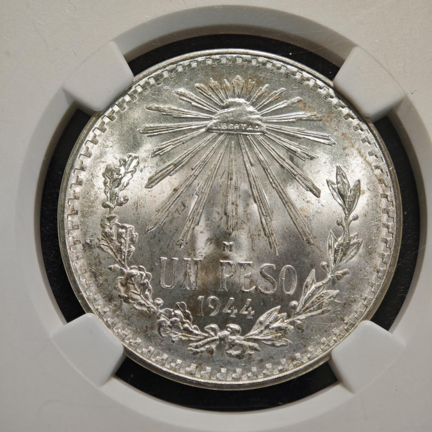 【德藏】世界币章拍卖第156期（拍品征集中~欢迎藏友联系） 1944年 墨西哥1比索银币 NGC MS66 原光犀利