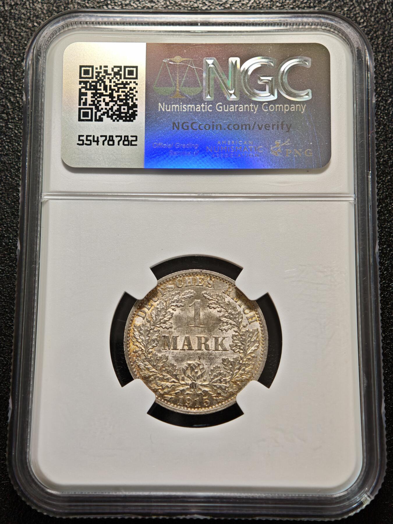 【德藏】世界币章拍卖第156期（拍品征集中~欢迎藏友联系） 1915年 德国1马克银币 NGC MS63 环形黄油包浆 原光十足