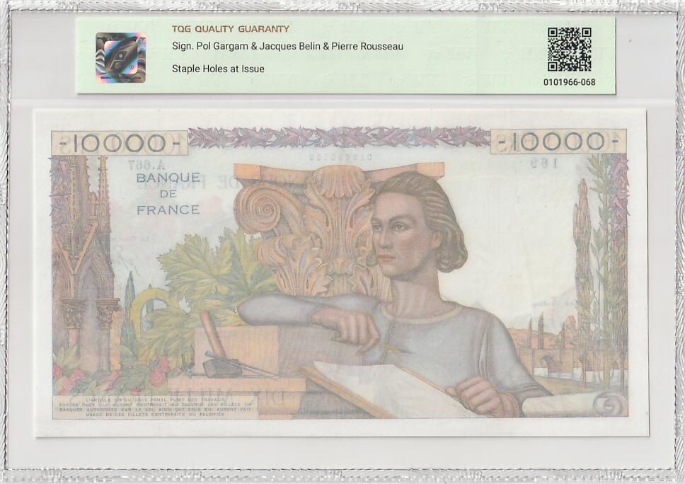 2025十二月第一期，总206期 法国1952年10000法郎TQG45分倒置号169，经典的大票幅大地球设计，体现了战后法国依旧想维持全球殖民帝国的迷梦，但风起云涌的殖民地独立运动击碎了这一切，即是讽刺但也造就了作为这一版本最大面值的经典品种