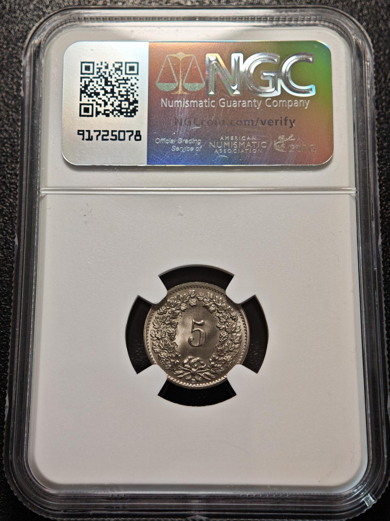 【德藏】世界币章拍卖第156期（拍品征集中~欢迎藏友联系） 冠军分！1953年 瑞士5生丁海尔维蒂女神镍币 NGC MS67 原光极强