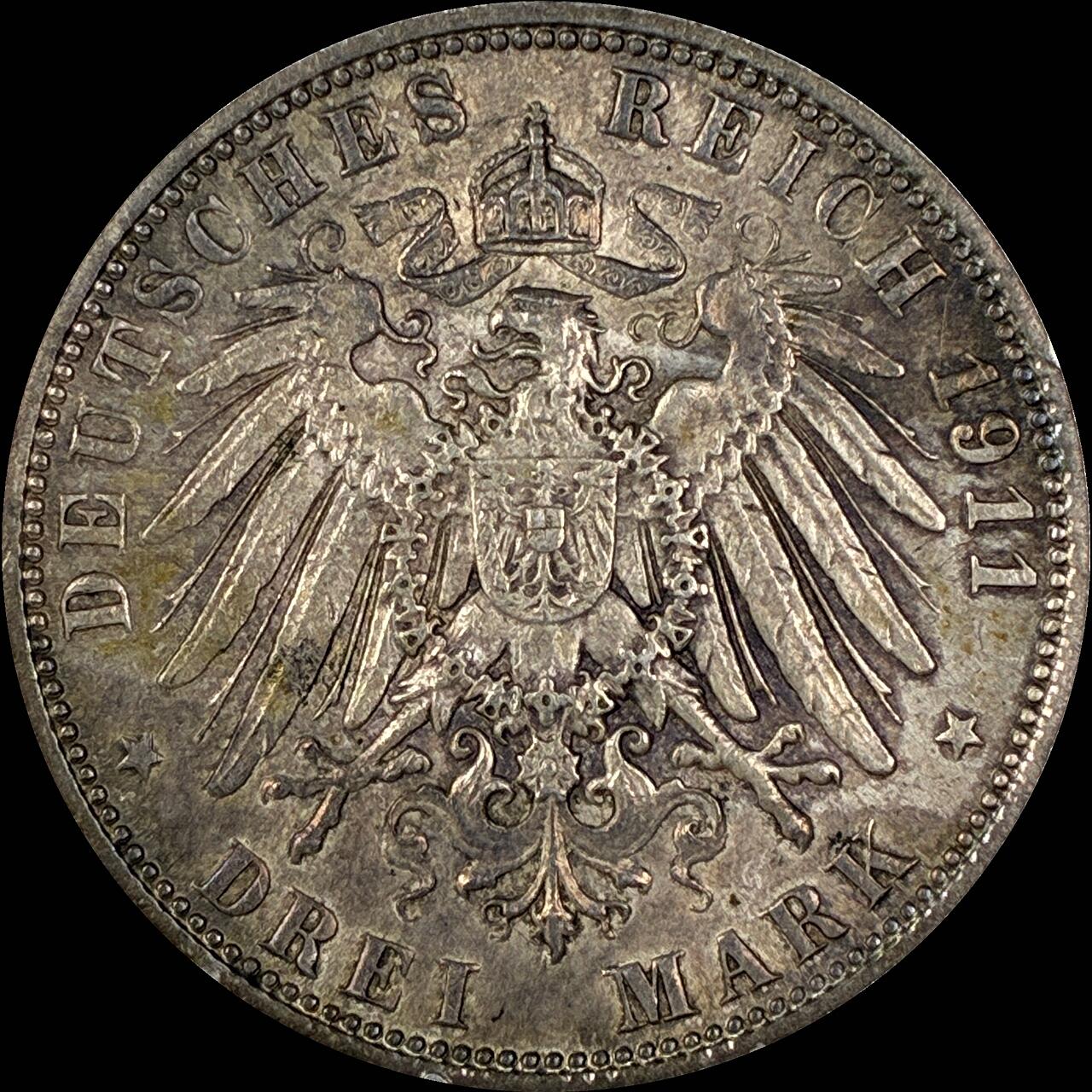 【雨安】【直播拍卖】【世界币章118期-裸币】2025-12-05 周五 19:30 保真 [裸币德国] Germany 德国 帝国 巴伐利亚 3马克 (1911) 柳特波德 1911年