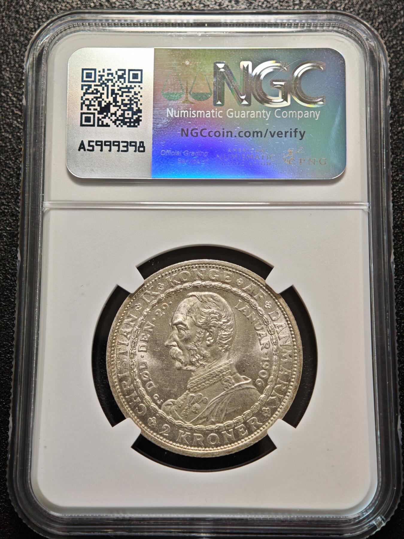 【德藏】世界币章拍卖第156期（拍品征集中~欢迎藏友联系） 1906年 丹麦弗雷德里克八世继位2克朗纪念银币 NGC MS65 转光极强 原光十足