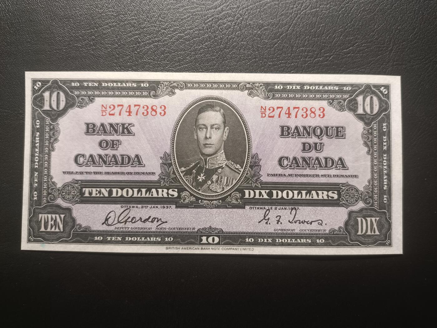 2025十二月第一期，总206期 加拿大1937版10元AUNC，乔治六世国王和商业神墨丘利，稀有中高面值品种