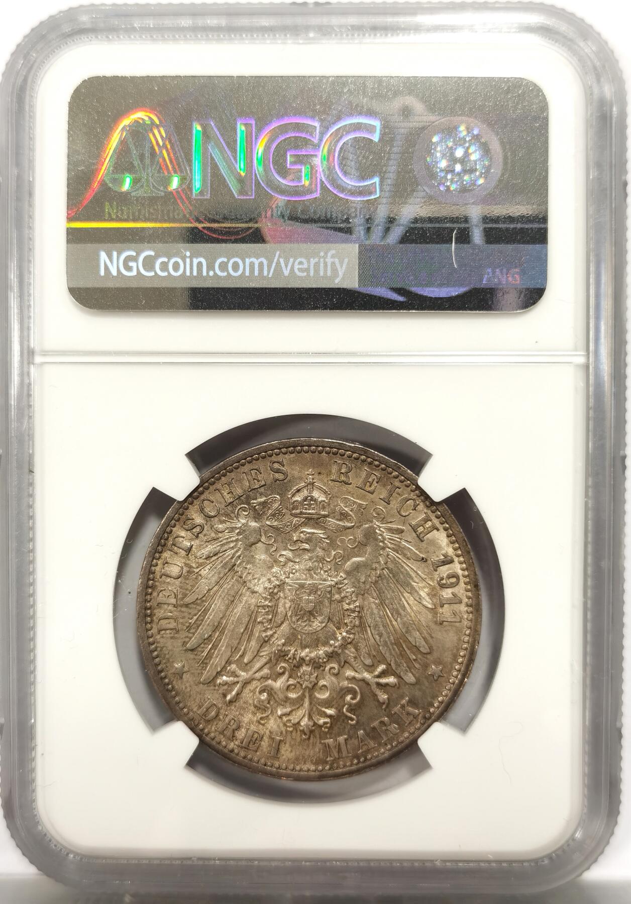 博洋堂世界钱币拍卖第150期（全场包邮） NGC MS63 德国符腾堡1911年F版3马克银币，非常漂亮的灰包浆，油亮质感，尤其正面状态非常好，值得收藏