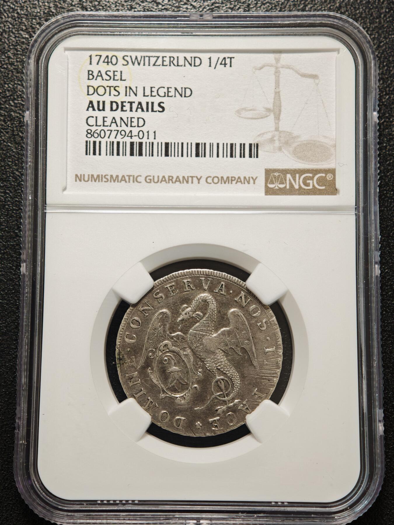 【德藏】世界币章拍卖第156期（拍品征集中~欢迎藏友联系） 1740年 瑞士巴塞尔城市景观1/4老泰勒银币 NGC AU 保存不易 状态安逸