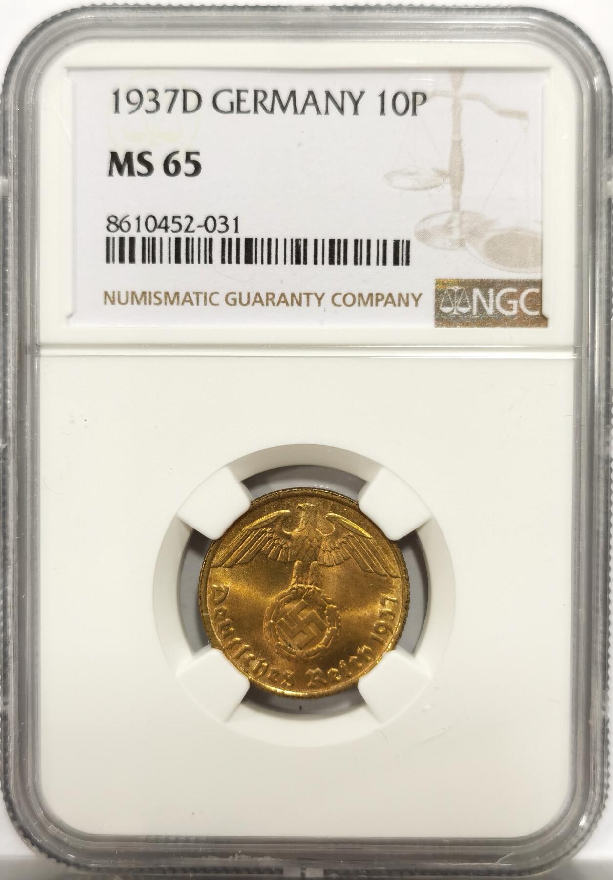 博洋堂世界钱币拍卖第150期（全场包邮） NGC MS65 冠军分！德国1937年D版10芬尼铜币，GEM曝光品质，少见D版，很少见的分数与状态