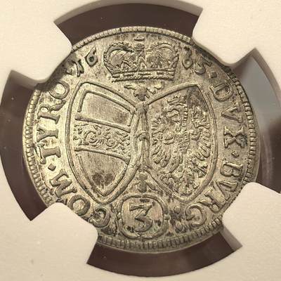 博洋堂世界钱币拍卖第150期（全场包邮） NGC AU58 奥地利1665年3克鲁泽银币，仅有2枚更高分