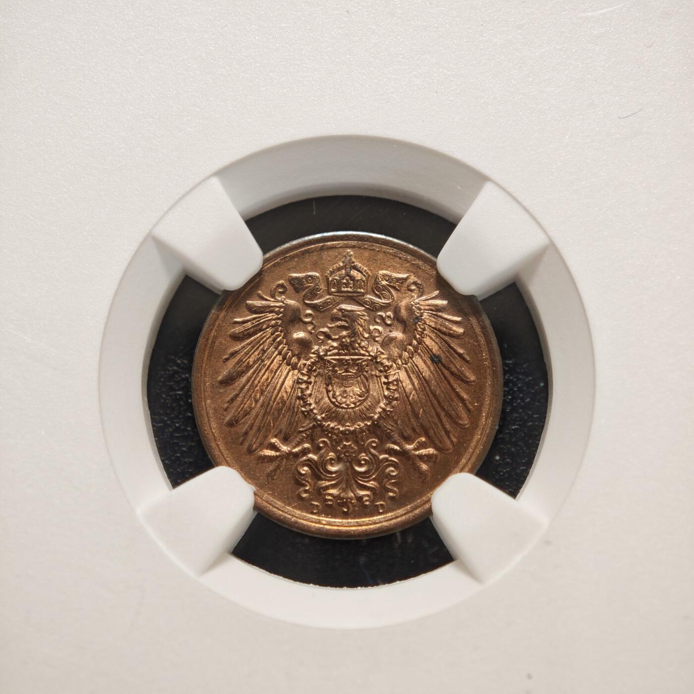 【德藏】世界币章拍卖第156期（拍品征集中~欢迎藏友联系） 1916年 德国1芬尼铜币 NGC MS64RB 季军分 转光极强