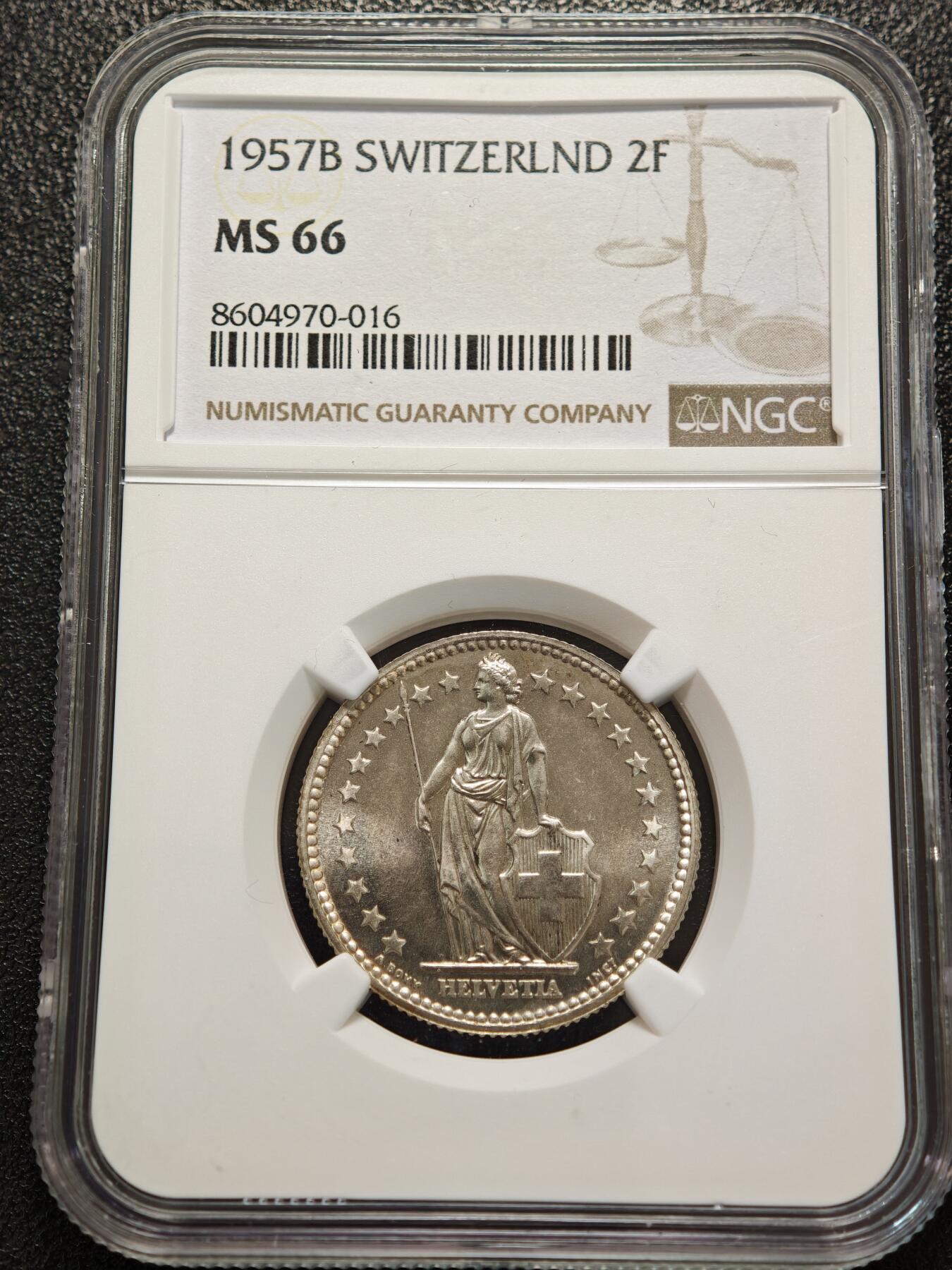【德藏】世界币章拍卖第156期（拍品征集中~欢迎藏友联系） 1957年 瑞士2法郎银币 NGC MS66 季军分 原光极强 转光十足