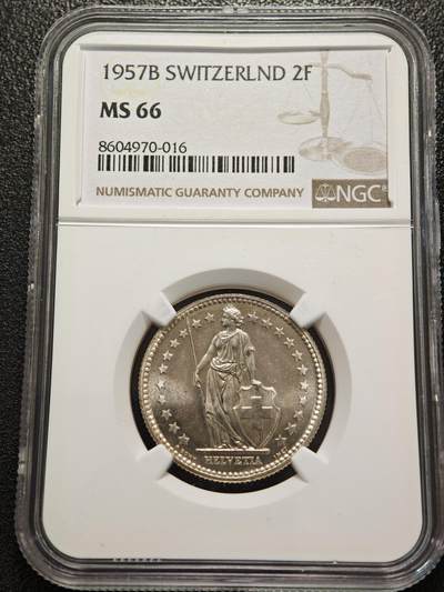 【德藏】世界币章拍卖第156期（拍品征集中~欢迎藏友联系） - 1957年 瑞士2法郎银币 NGC MS66 季军分 原光极强 转光十足