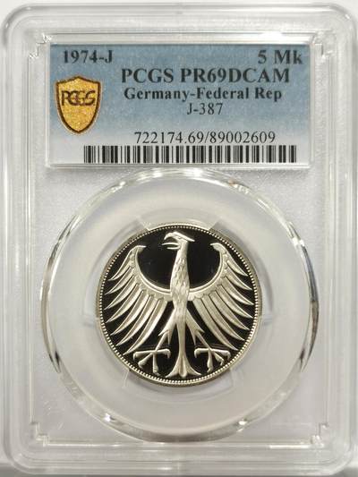 博洋堂世界钱币拍卖第150期（全场包邮） - PCGS PR69DCAM 联邦德国1974年J厂精制5马克银币，冠军分