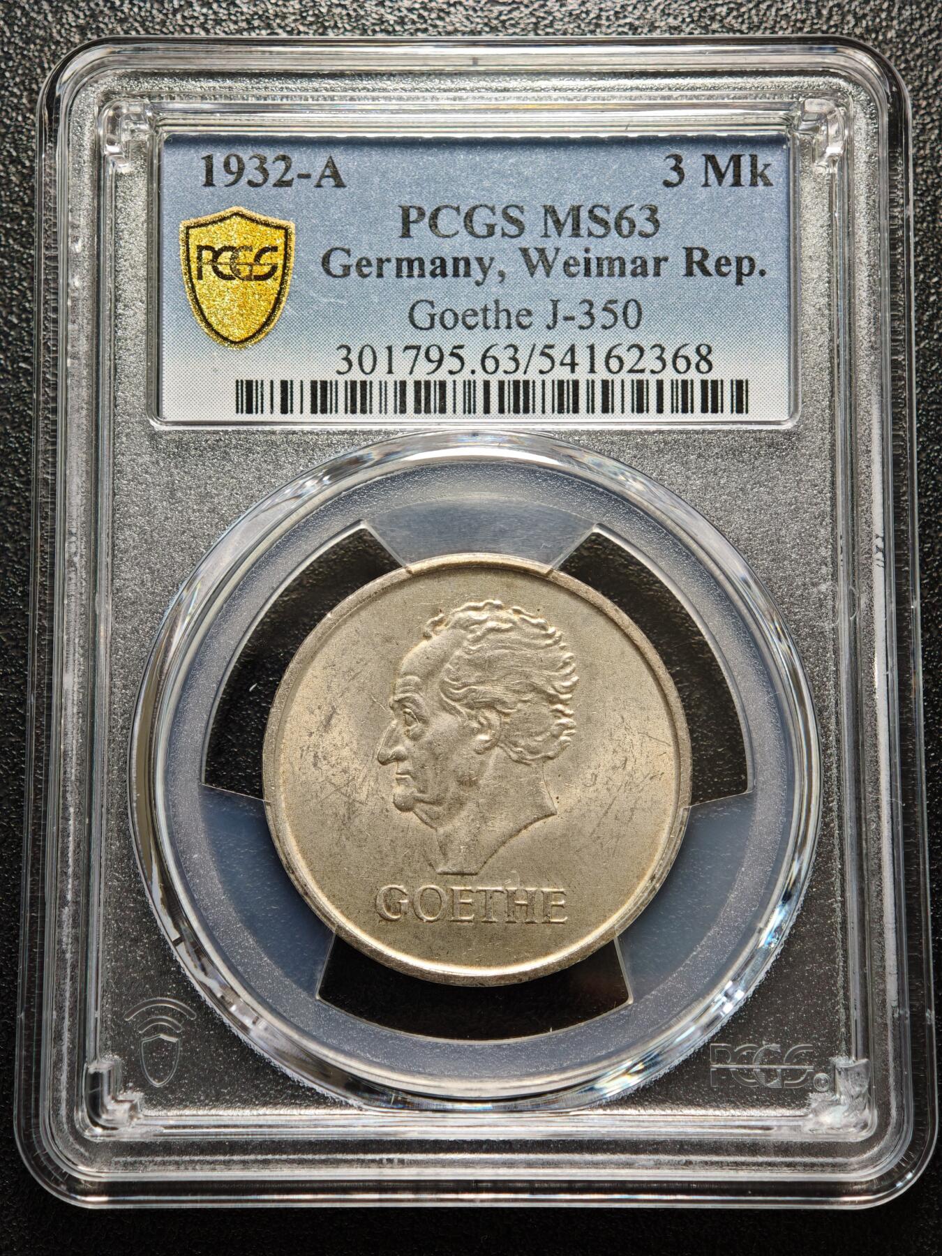 【德藏】世界币章拍卖第156期（拍品征集中~欢迎藏友联系） 1932年 德国魏玛歌德逝世百年3马克纪念银币 PCGS MS63 淡黄油包浆 状态极佳