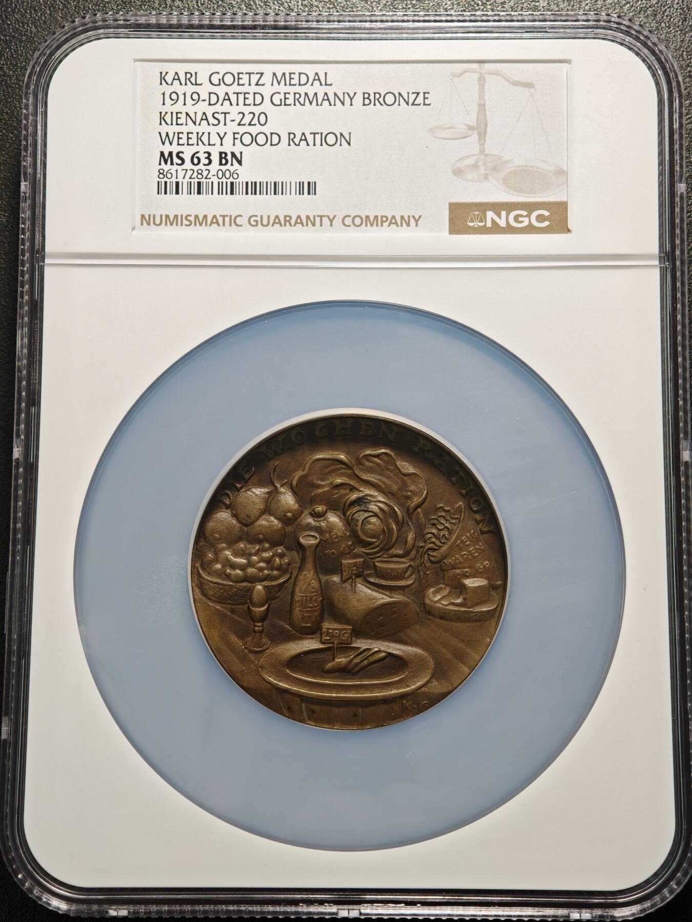 【德藏】世界币章拍卖第156期（拍品征集中~欢迎藏友联系） 冠军分！罕见品种！1919年 德国食物紧缺“每周口粮”58mm纪念大铜章 章牌大师卡尔歌茨作品 NGC MS63BN 立体感十足