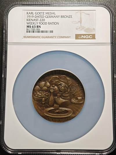 【德藏】世界币章拍卖第156期（拍品征集中~欢迎藏友联系） - 冠军分！罕见品种！1919年 德国食物紧缺“每周口粮”58mm纪念大铜章 章牌大师卡尔歌茨作品 NGC MS63BN 立体感十足