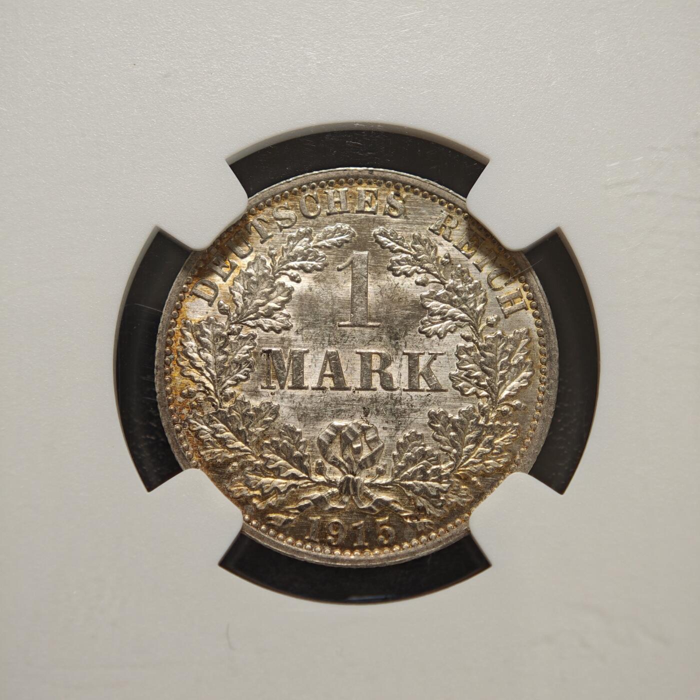 【德藏】世界币章拍卖第156期（拍品征集中~欢迎藏友联系） 1915年 德国1马克银币 NGC MS63 环形黄油包浆 原光十足