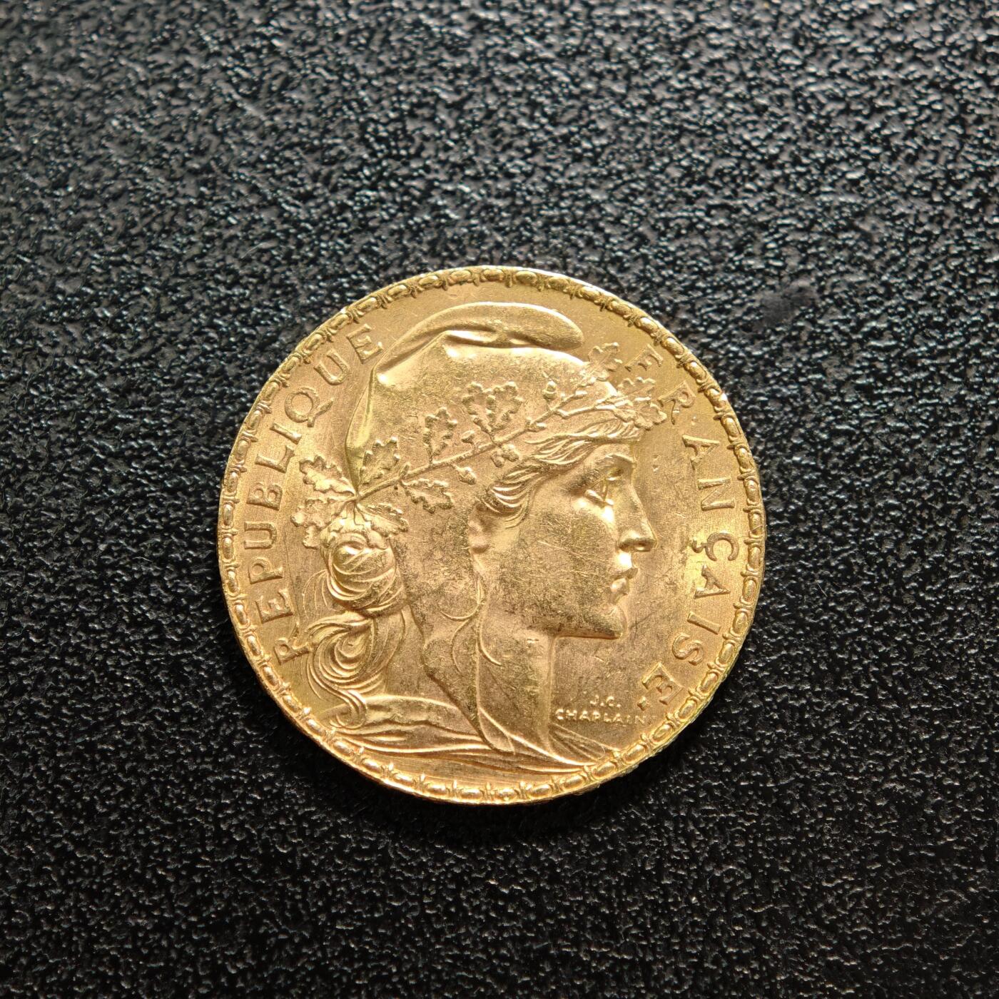 【德藏】世界币章拍卖第156期（拍品征集中~欢迎藏友联系） 1907年 法国第三共和国20法郎金币 900金 原光十足 直径约：21.2mm；重约：6.4g