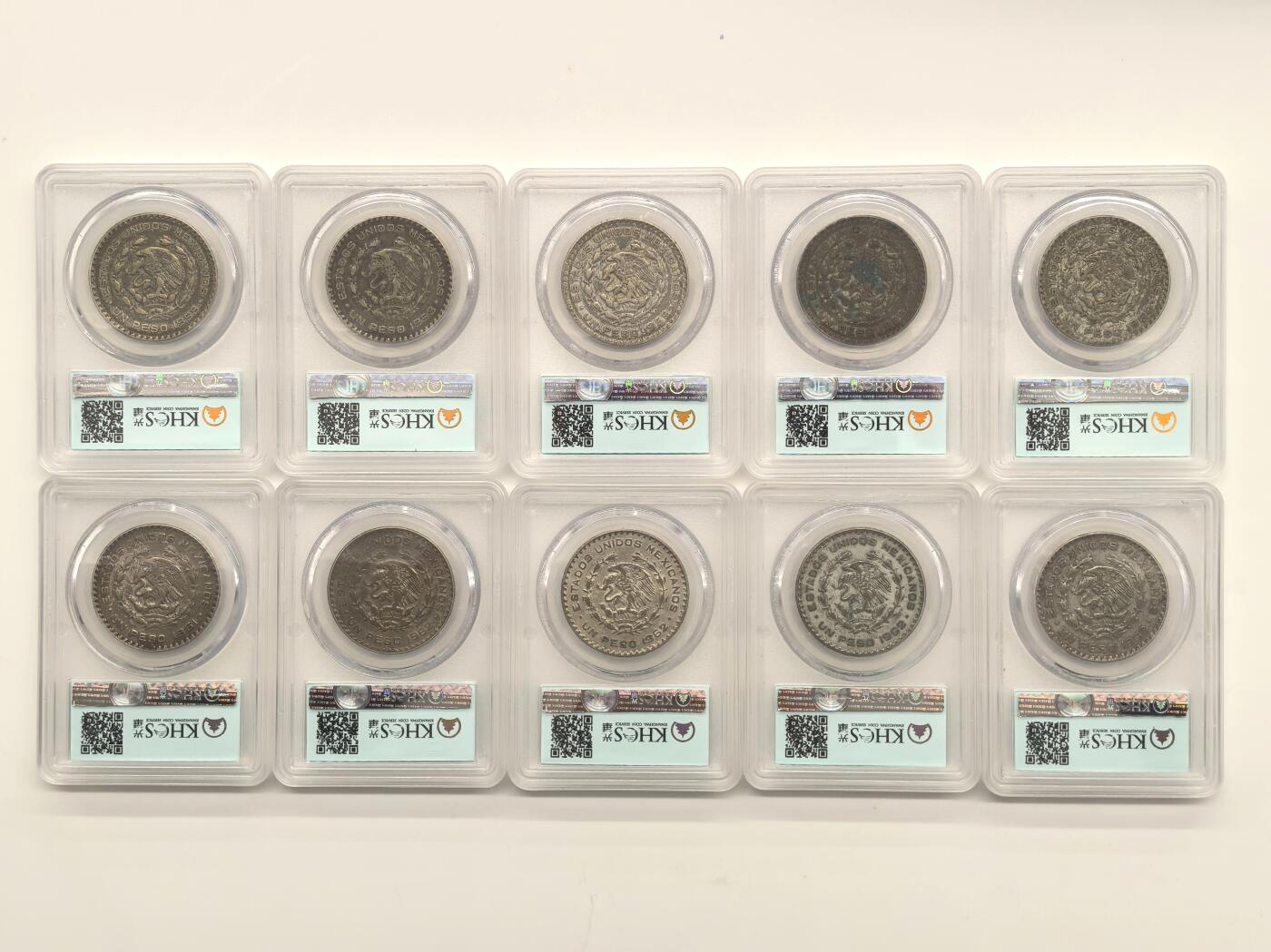 博洋堂世界钱币拍卖第150期（全场包邮） KHCS AU50 墨西哥1958-1962年1比索银币10枚一组