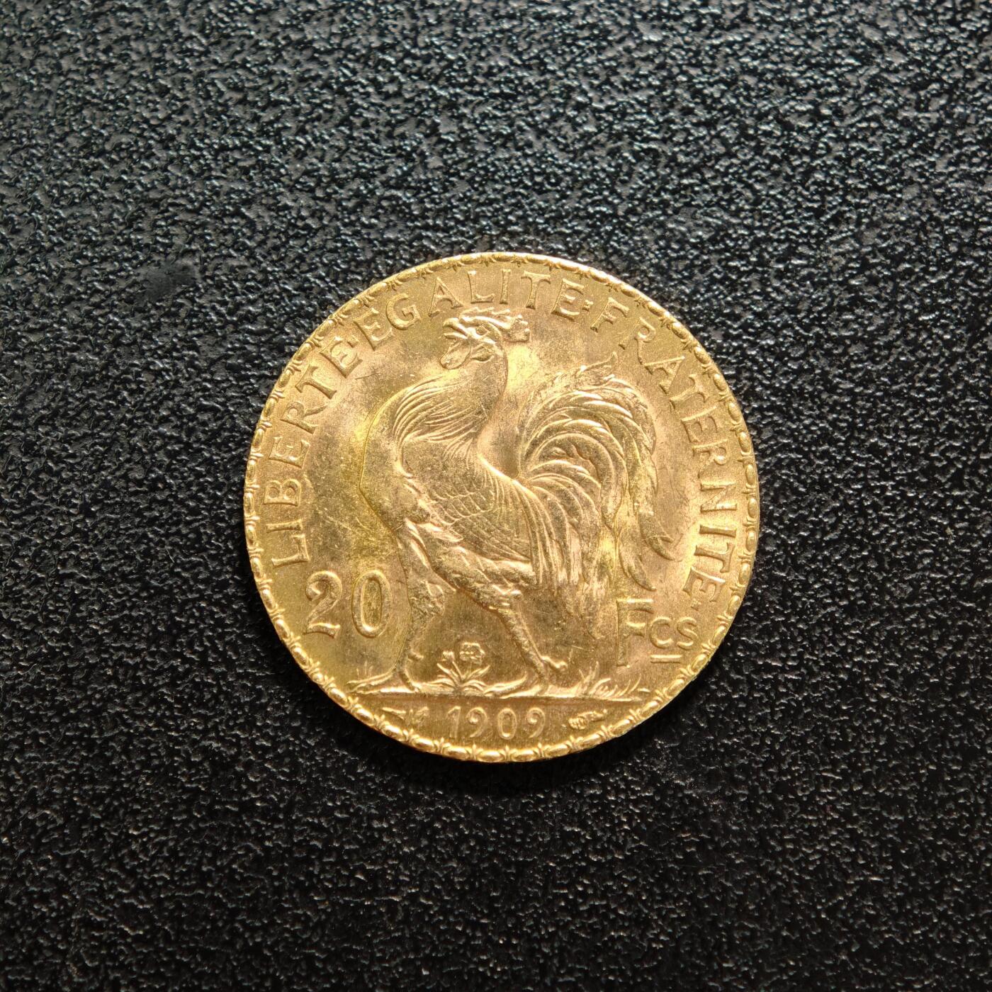 【德藏】世界币章拍卖第156期（拍品征集中~欢迎藏友联系） 1909年 法国第三共和国20法郎金币 900金 原光十足 直径约：21mm；重约：6.5g